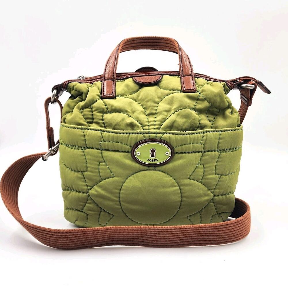 FOSSIL Key-Per Crossbody Quilted Leather Trim Handbag Purse Green